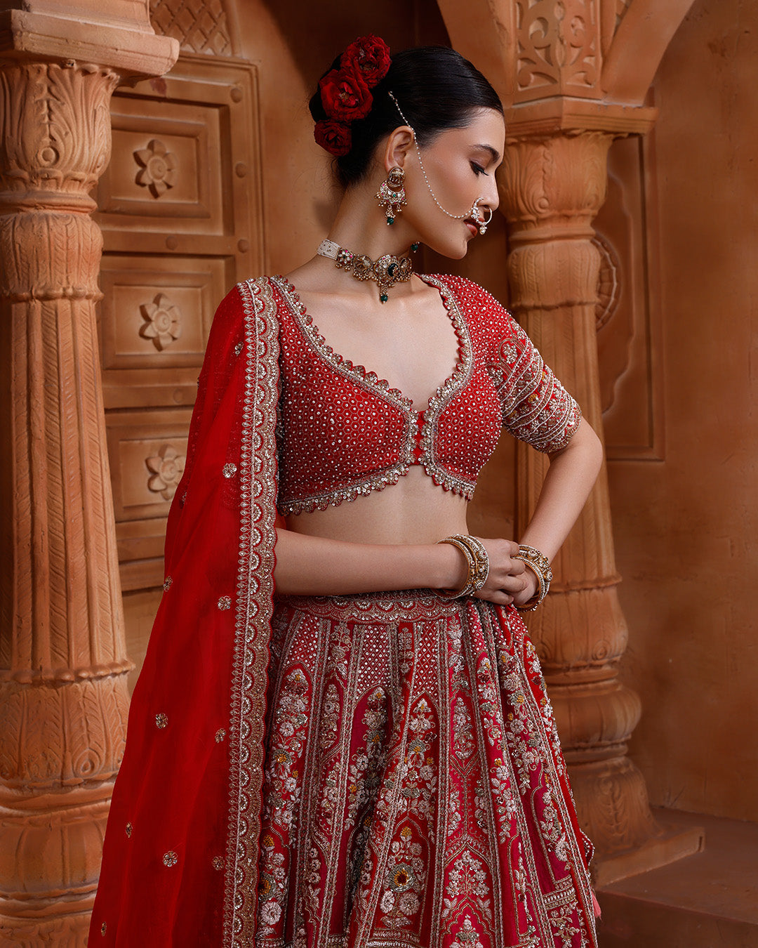 Red And Raani Embroidered Bridal Lehenga With Two Dupattas