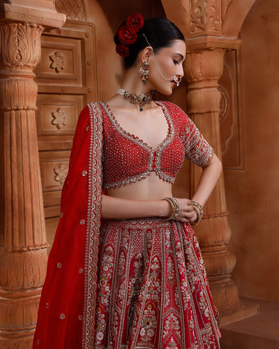 Red And Raani Embroidered Bridal Lehenga With Two Dupattas