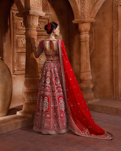 Red And Raani Embroidered Bridal Lehenga With Two Dupattas
