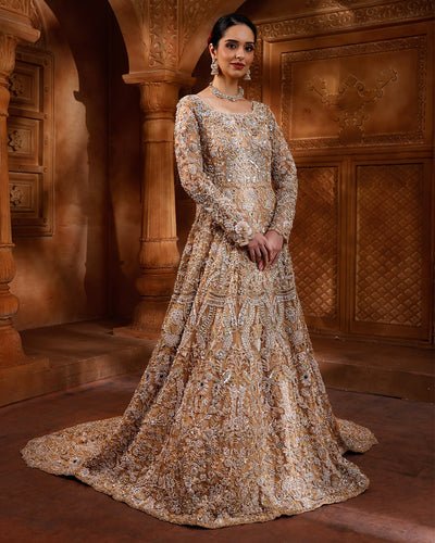 Regal Aureate Embellished Bridal Gown With Trail