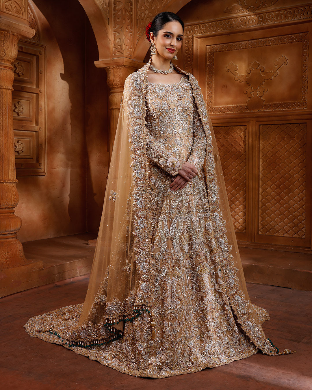 Regal Aureate Embellished Bridal Gown With Trail