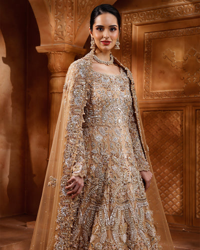 Regal Aureate Embellished Bridal Gown With Trail