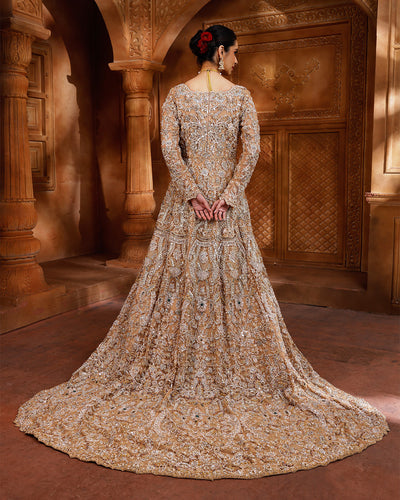 Regal Aureate Embellished Bridal Gown With Trail