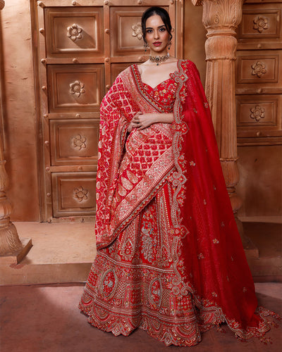 Regal Red Bridal Lehenga With Majestic Peacock & Jharokha Motifs
