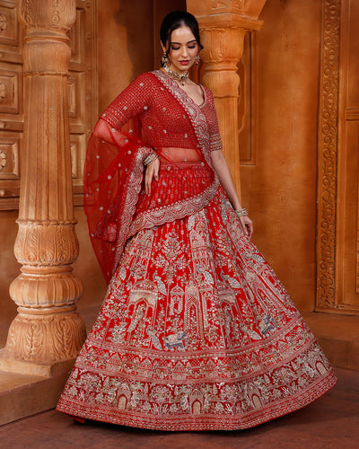 Regal Red Bridal Lehenga With Majestic Peacock & Jharokha Motifs