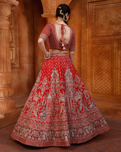 Regal Red Bridal Lehenga With Majestic Peacock & Jharokha Motifs