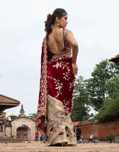 Regalé Gold Wine Velvet Bridal Saree With Embroidered Blouse