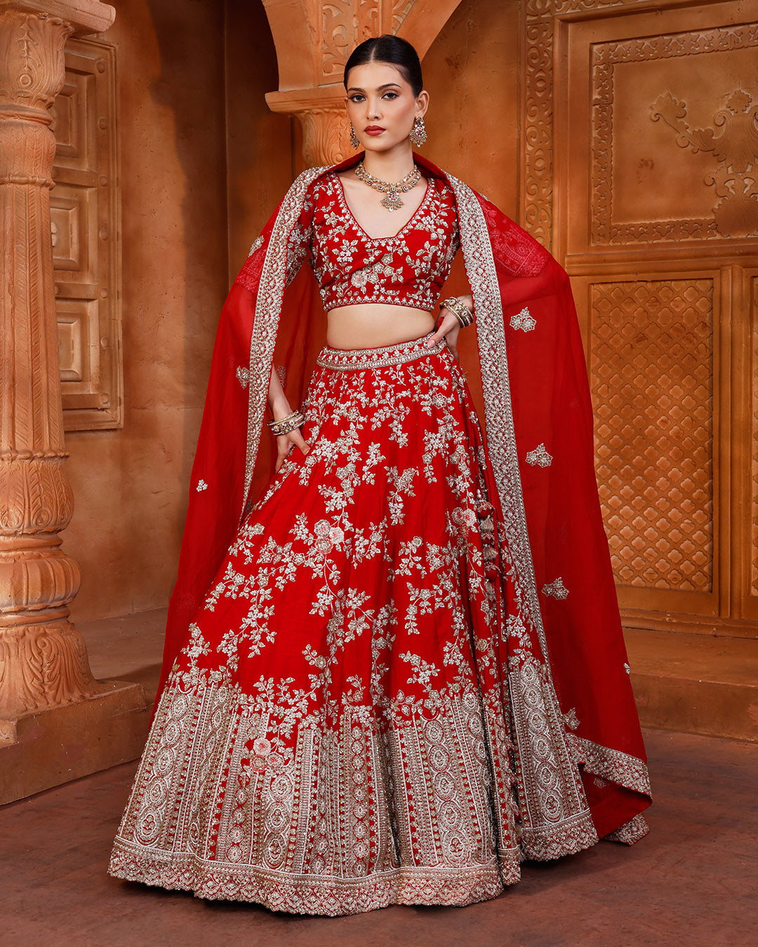 Rosette Red Embroidered Bridal Lehenga For Pheras