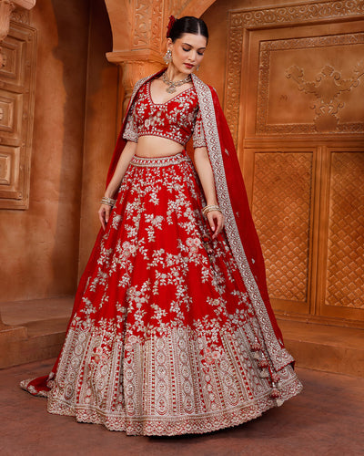 Rosette Red Embroidered Bridal Lehenga For Pheras