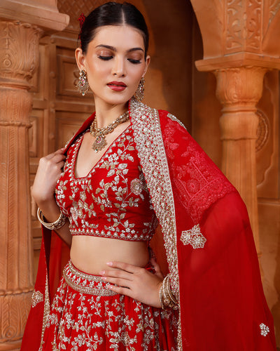 Rosette Red Embroidered Bridal Lehenga For Pheras