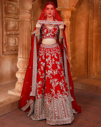 Rosette Red Embroidered Bridal Lehenga For Pheras