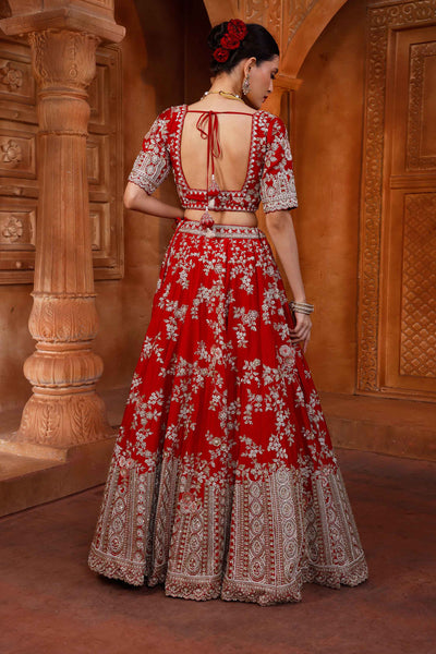 Rosette Red Embroidered Bridal Lehenga For Pheras