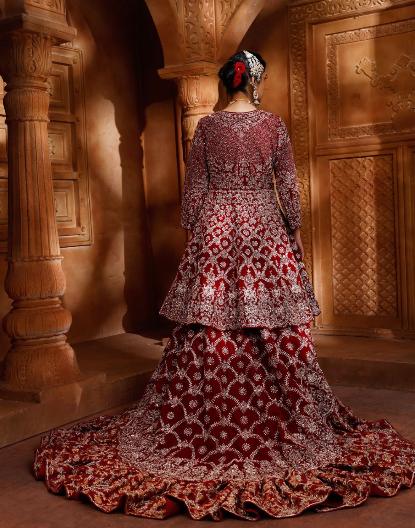 Sacred Maroon Hand Embroidered Bridal Farshi Lehenga Set