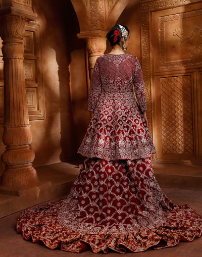 Sacred Maroon Hand Embroidered Bridal Farshi Lehenga Set