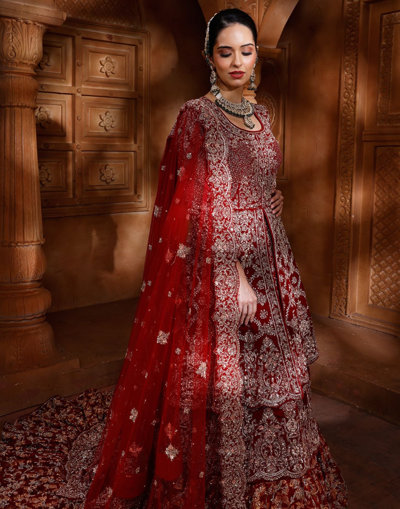 Sacred Maroon Hand Embroidered Bridal Farshi Lehenga Set