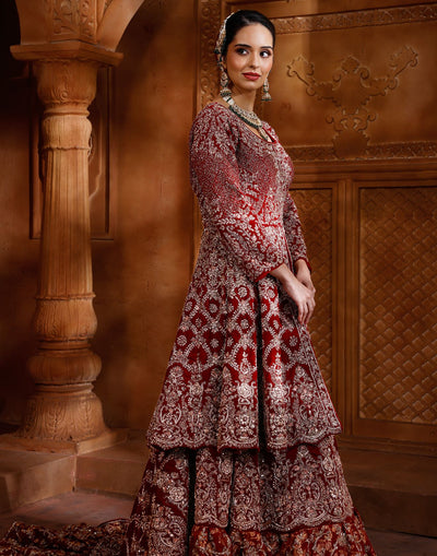 Sacred Maroon Hand Embroidered Bridal Farshi Lehenga Set