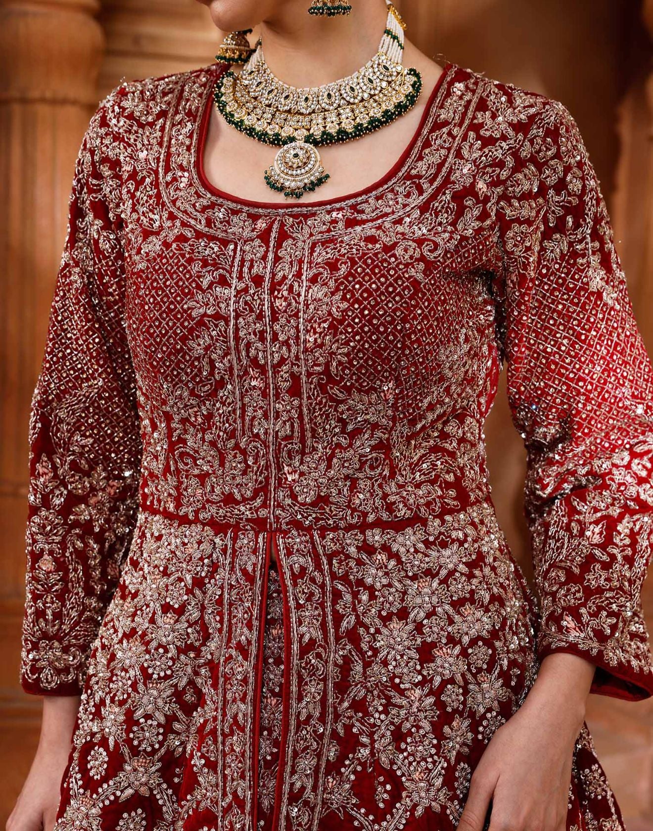 Sacred Maroon Hand Embroidered Bridal Farshi Lehenga Set