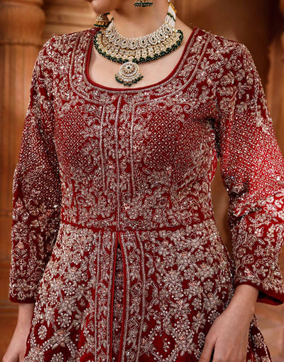 Sacred Maroon Hand Embroidered Bridal Farshi Lehenga Set