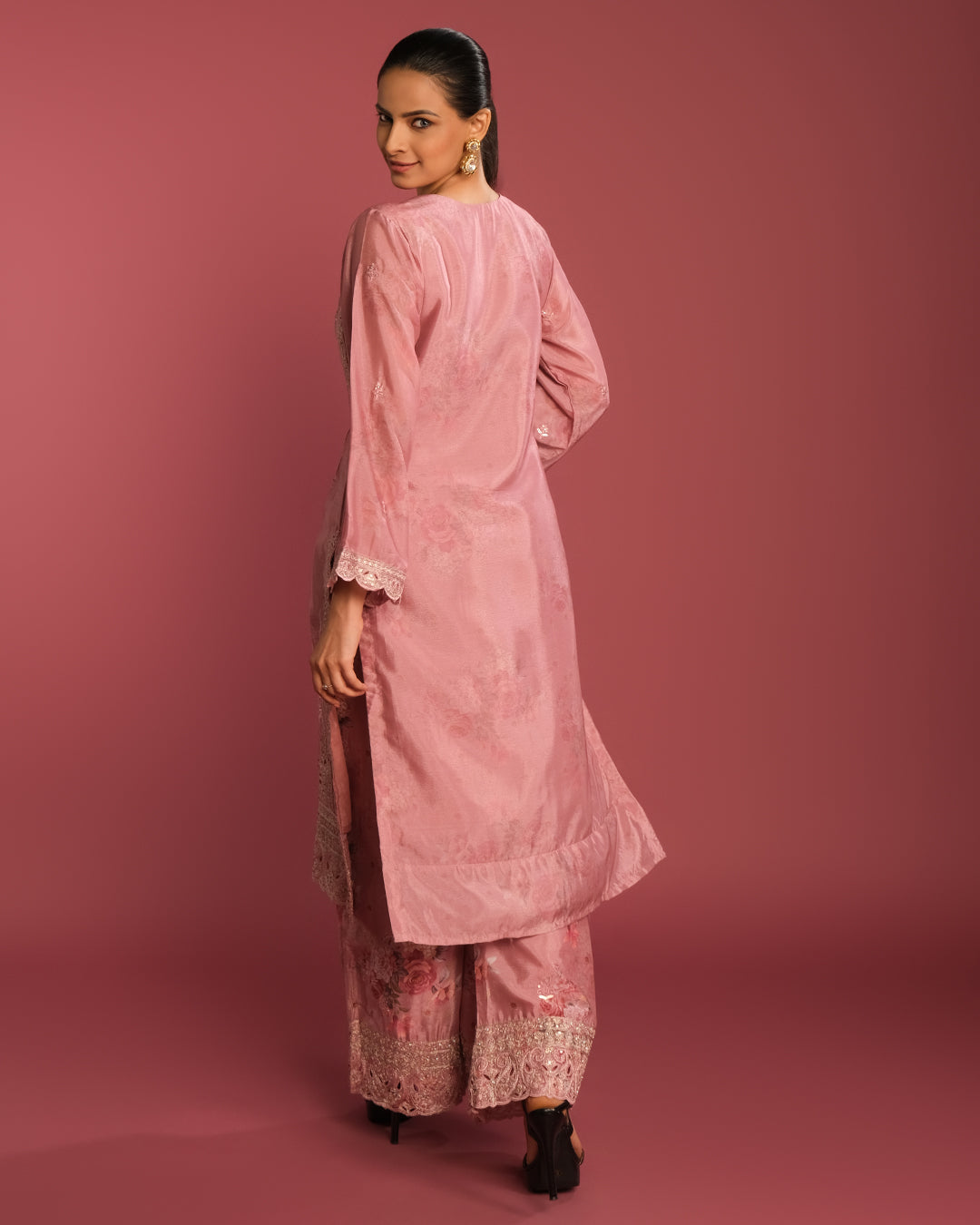 Salmon Peach Washed Floral Printed Cutwork Kurta Set