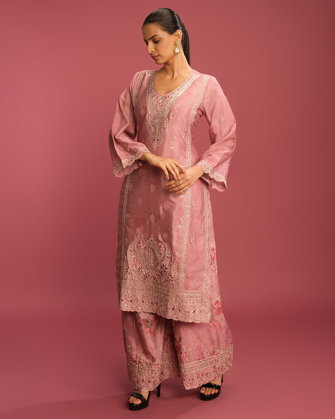 Salmon Peach Washed Floral Printed Cutwork Kurta Set