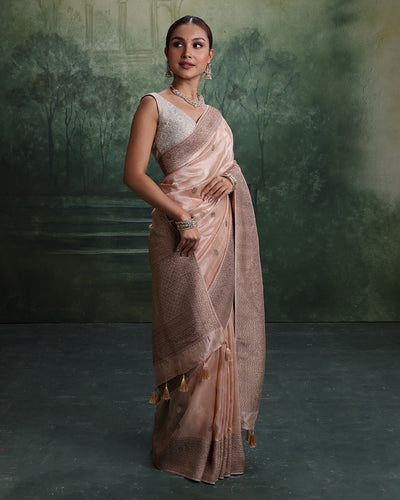 Salmon Peach With Antique Gold Woven Design Saree And Unstitched Blouse Fabric