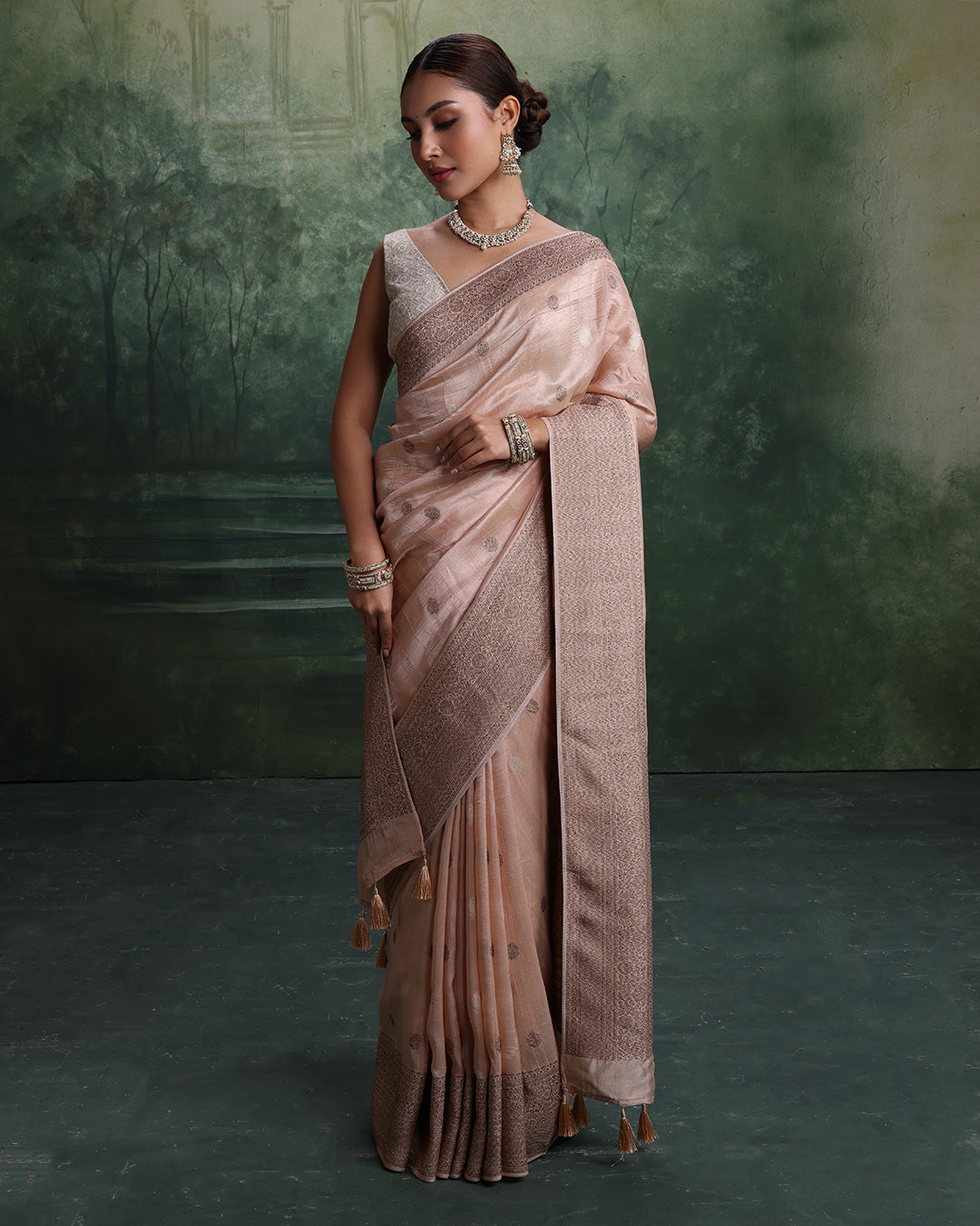 Salmon Peach With Antique Gold Woven Design Saree And Unstitched Blouse Fabric