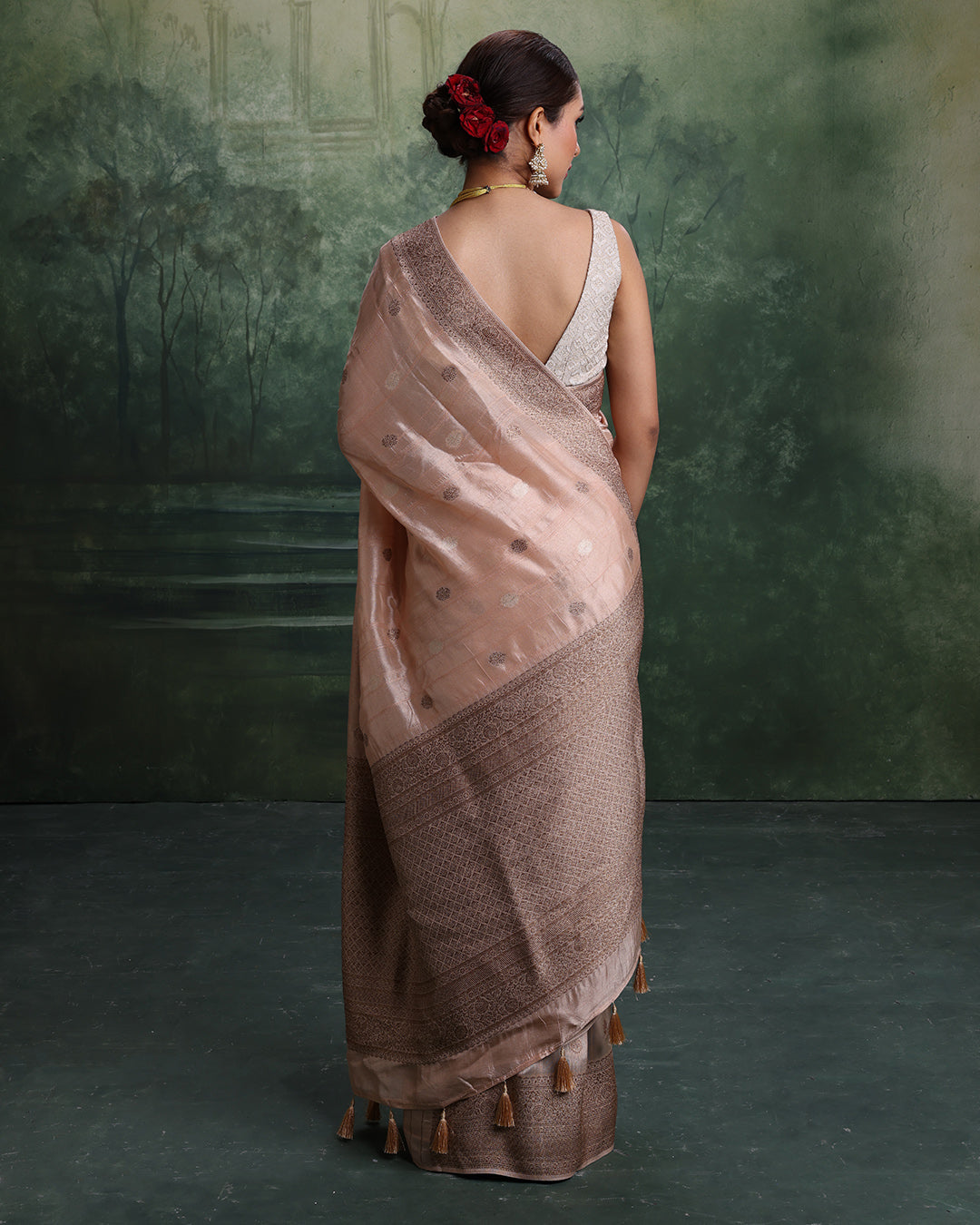 Salmon Peach With Antique Gold Woven Design Saree And Unstitched Blouse Fabric