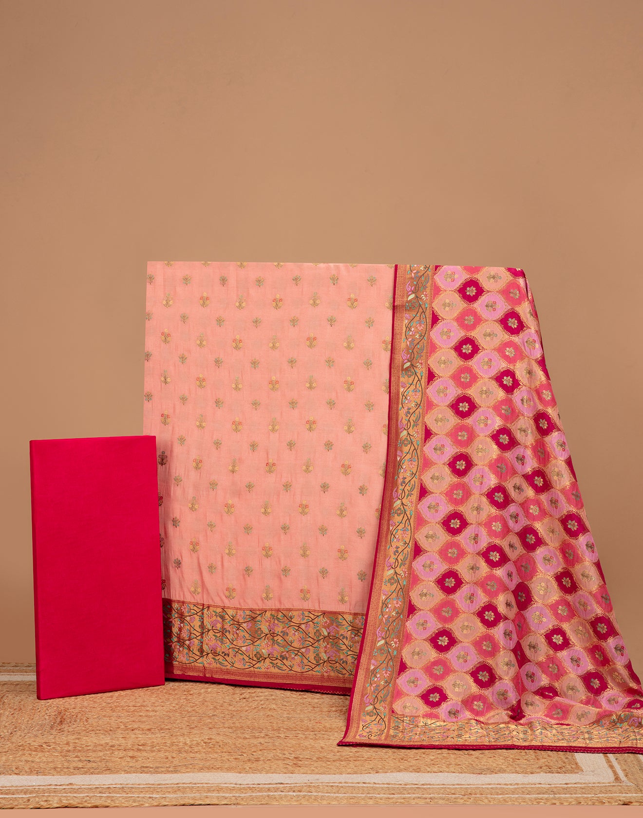 Salmon Peach With Berry Pink Woven Design Unstitched Suit Set In Silk