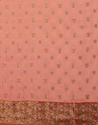 Salmon Peach With Berry Pink Woven Design Unstitched Suit Set In Silk