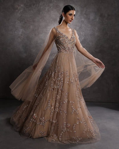 Sandy Walnut Embellished Gown With Flared Drape Sleeves