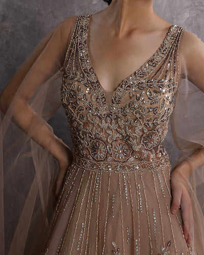 Sandy Walnut Embellished Gown With Flared Drape Sleeves