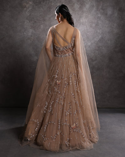 Sandy Walnut Embellished Gown With Flared Drape Sleeves