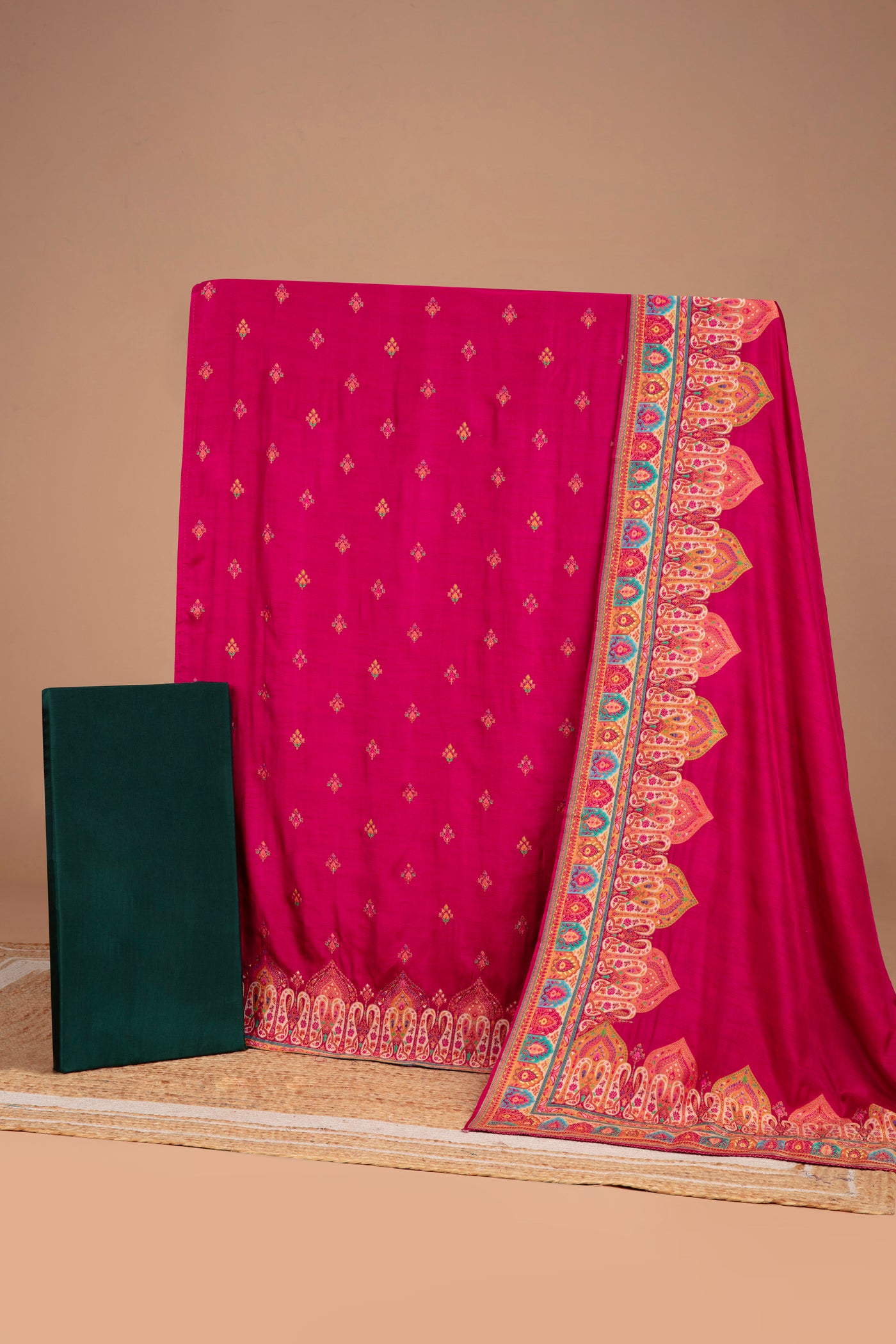 Sangria Pink With Multicolor Woven Design Silk Unstitched Suit Set