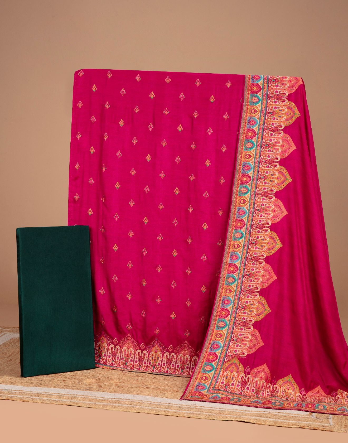 Sangria Pink With Multicolor Woven Design Silk Unstitched Suit Set