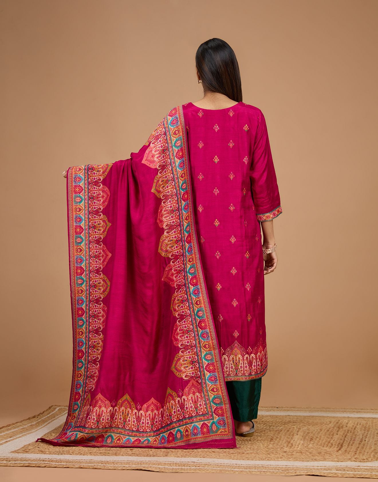 Sangria Pink With Multicolor Woven Design Silk Unstitched Suit Set