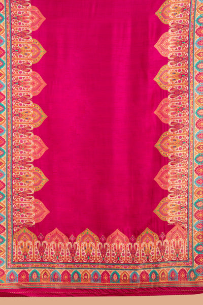 Sangria Pink With Multicolor Woven Design Silk Unstitched Suit Set