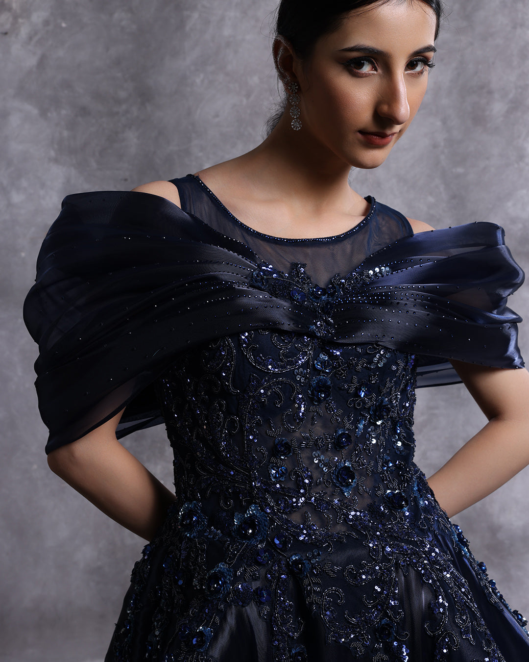 Sapphire Orbit Embellished Tissue Organza Gown