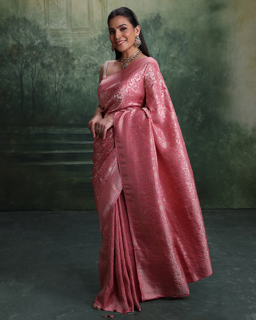 Serene Forest Weave Silk Saree With Unstitched Blouse Fabric