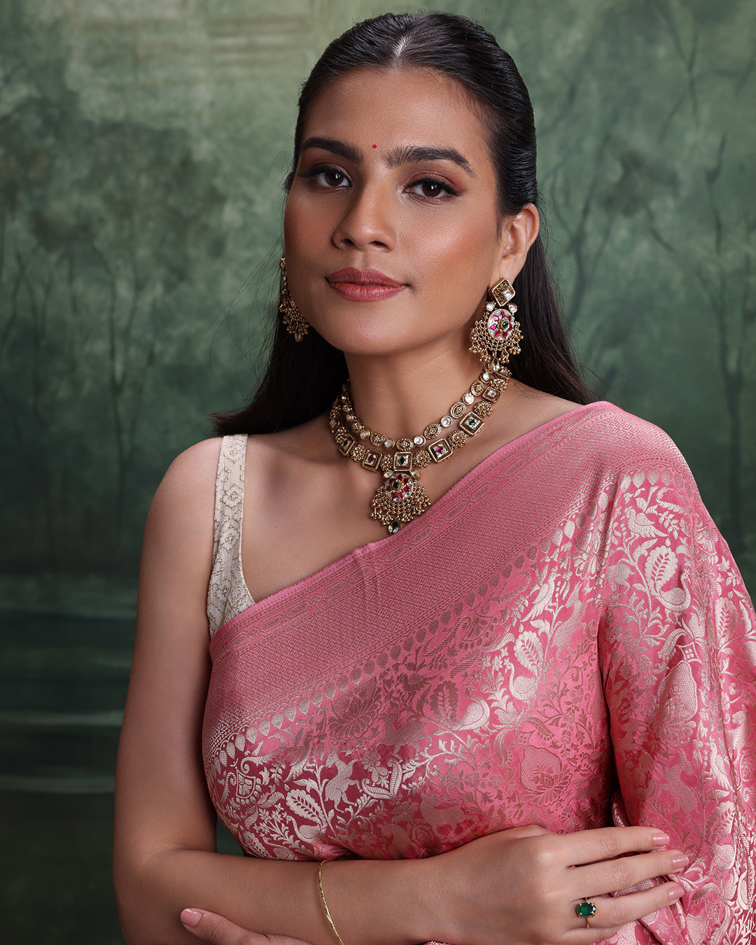 Serene Forest Weave Silk Saree With Unstitched Blouse Fabric