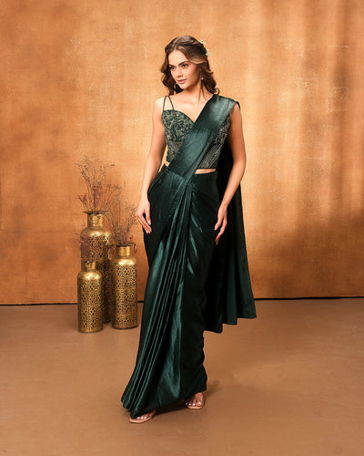 Shining Emerald Pre-Draped Saree With Cocktail Corset Blouse