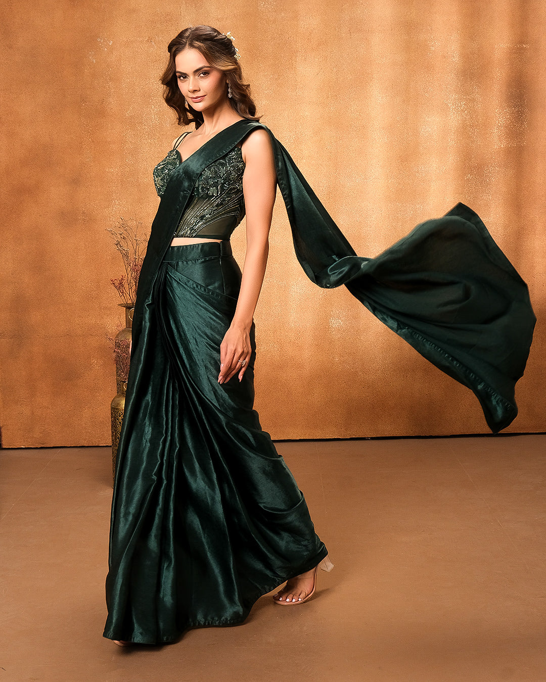 Shining Emerald Pre-Draped Saree With Cocktail Corset Blouse