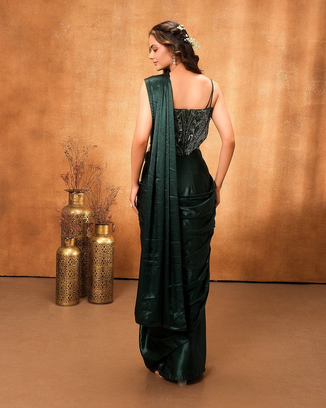 Shining Emerald Pre-Draped Saree With Cocktail Corset Blouse
