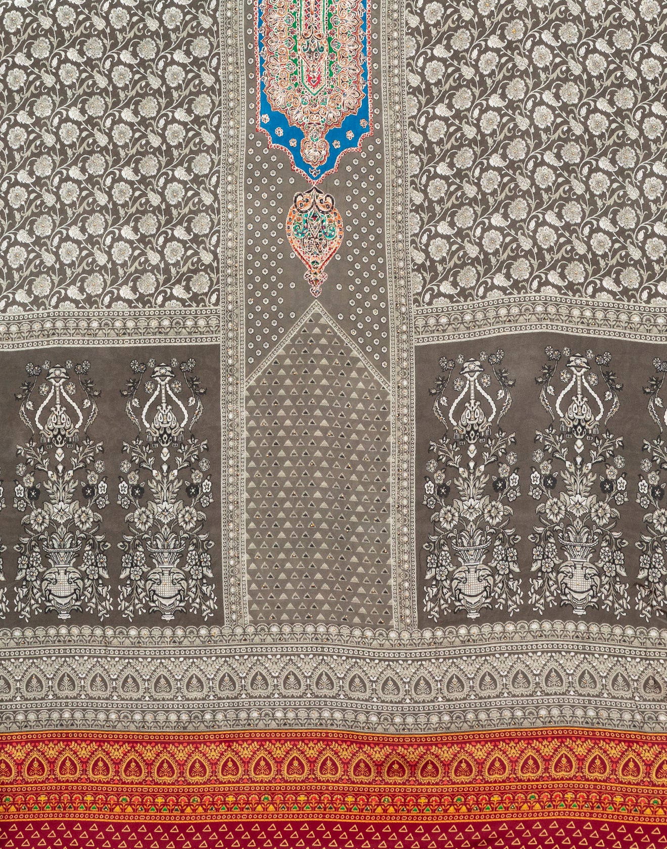 Slate Grey And Turquoise Printed Casual Unstitched Suit Set