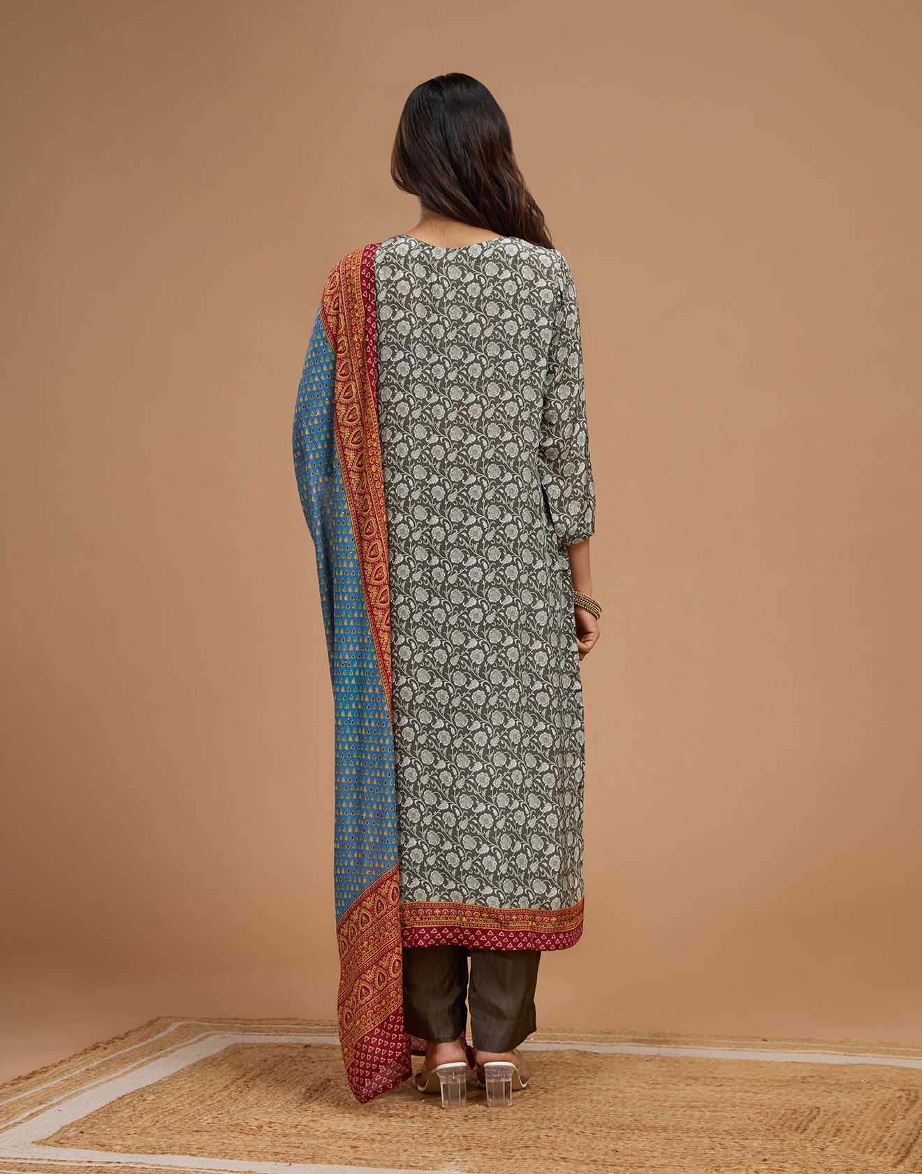 Slate Grey And Turquoise Printed Casual Unstitched Suit Set