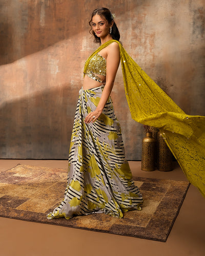 Sorbet Glam Bustier Blouse With Printed pre-Draped Saree