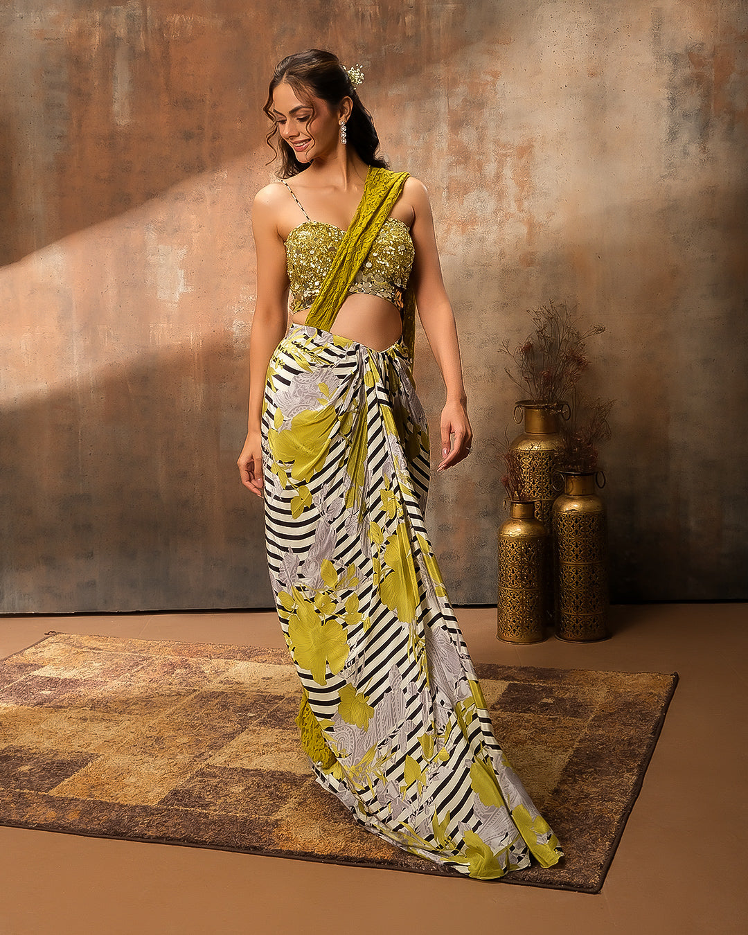 Sorbet Glam Bustier Blouse With Printed pre-Draped Saree