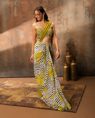 Sorbet Glam Bustier Blouse With Printed pre-Draped Saree