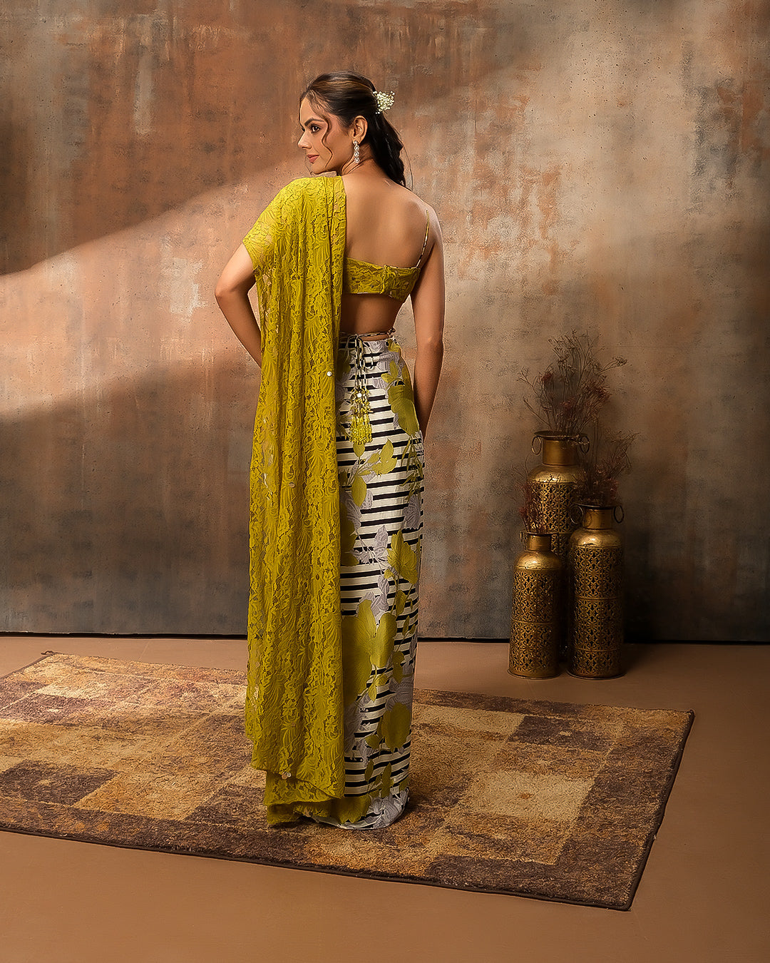 Sorbet Glam Bustier Blouse With Printed pre-Draped Saree