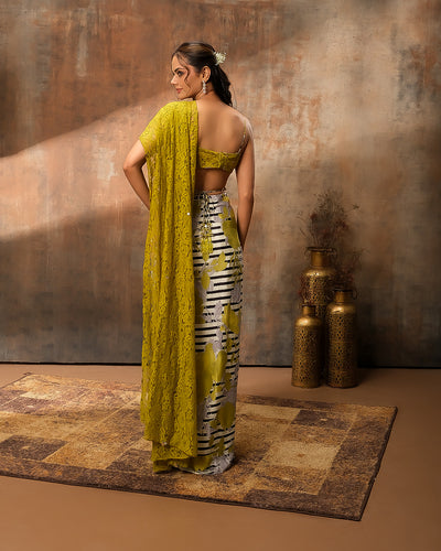 Sorbet Glam Bustier Blouse With Printed pre-Draped Saree