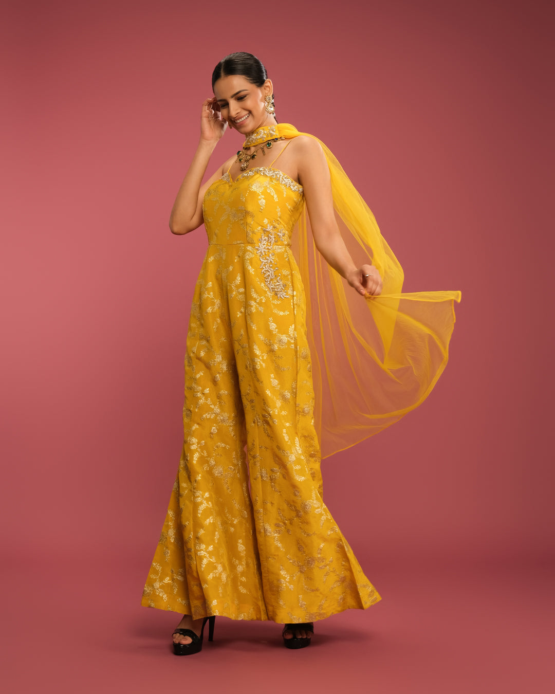 Sunbeam Yellow Banarasi Jumpsuit Set